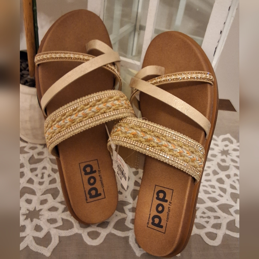 Pop Women's NWT, 8 Medium,Tan and Gold Sandals - Picture 8 of 9